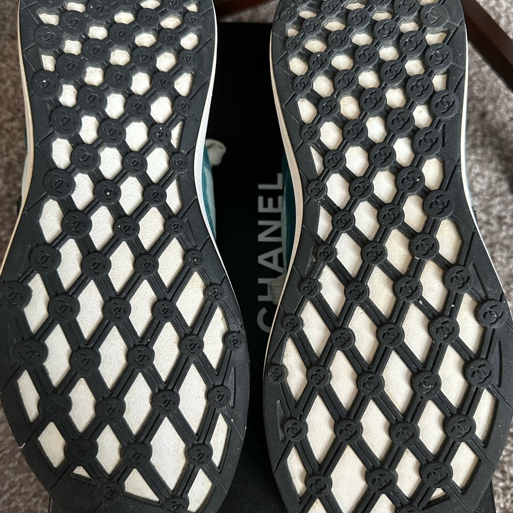 CHANEL Light Green Suede Nylon Sport Sneakers - Picture 8 of 9